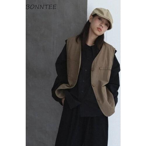Vests Women Harajuku Solid Casual Daily Korean Vintage Chic Leisure Spring Outerwear All-match Pockets V-Neck Single Breasted