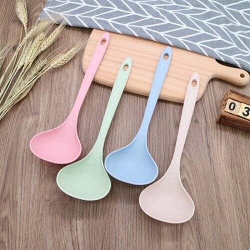 4 Colors Long Handle Soup Spoon 1Pcs Dinner Scoops Wheat Straw Rice Ladle Tableware Dinnerware Kitchen Accessories Cooking Tool