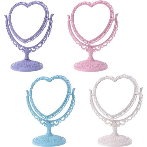 2Sides Heart-shaped Makeup Mirror Rotatable Stand Table Compact Mirror Dresser