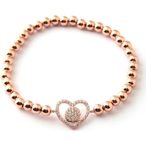 Free Shipping 5mm Round Copper Beads Micro Zircon CZ Heart Charm Bracelets & Bangles