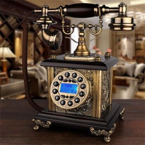 European antique creative fixed telephone retro solid wood craft old-fashioned rotary dial wired home office landline phone