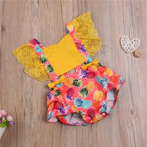 Baby Girl Clothing Cartoon Pineapple Print Splicing Romper Lace Flying Sleeve Bow Casual Jumpsuit Summer Sunsuits