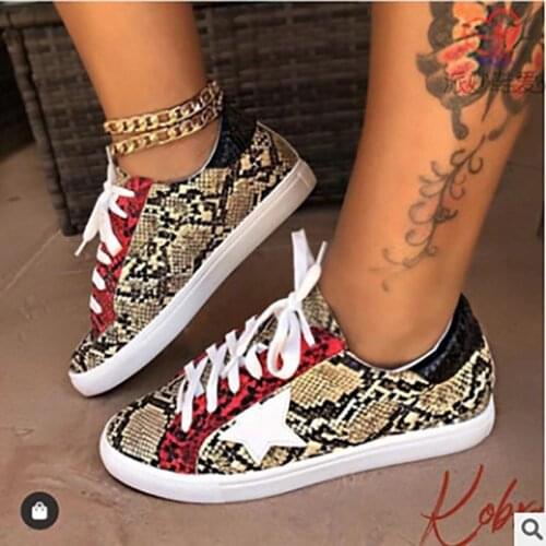 Snake Pattern Vulcanized Shoes Lace-up Fashion Animal Printed Female Sneakers Flat Platform Leisure Walking Footwear PU Leather