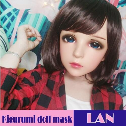 Feng-01)Female Sweet Girl Resin Half Head Kigurumi Mask With BJD Eyes Cosplay Japanese Anime Role Lolita Mask Crossdress Doll