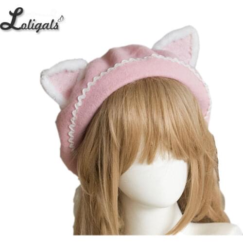 Lovely Womens Cat Ear Berets Cute Mori Girl Wool Berets for Winter Pink White