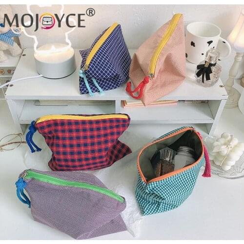 Fashion Women Plaid Printing Small Cosmetic Bags Cotton Fabric Make Up Storage Bags Japan Style Zipper Toiletry Wash Pouch