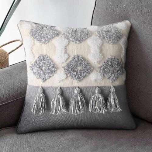 Moroccan Style Cushion Cover Tuft Tassels Handmade Neutral Decoration Pillow Cover 45x45cm/30x50cm For Sofa Bed Grey Ivory