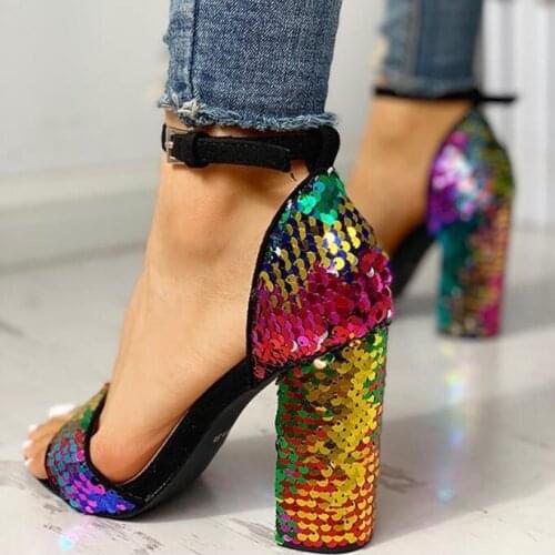 New sexy chunky high heel woman sandals rainbow colorful sequins buckle womens sandal bling bling Color sequins chunky sandal