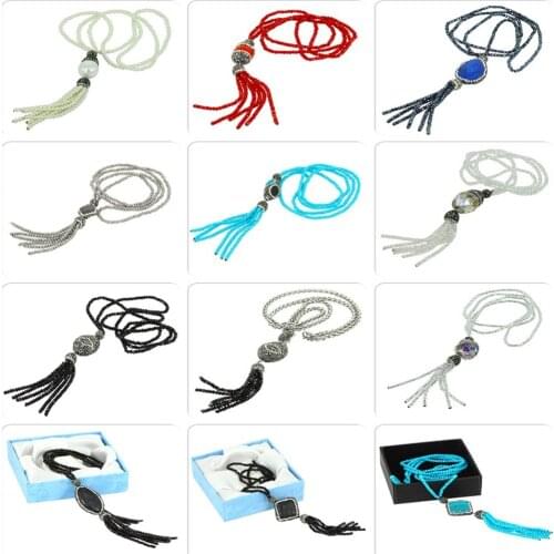 New Design Women Ethnic Style Jewelry Long Necklace Glass Crystal Beads Strand Pearl Beads Tassel Pendant Necklace Party Gift