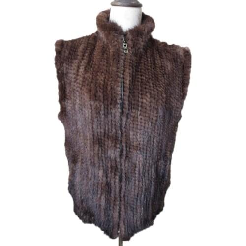 Winter Genuine Mink Fur Vests Coat with stand-up Collar/Zipper Pocket BLACK BROWN