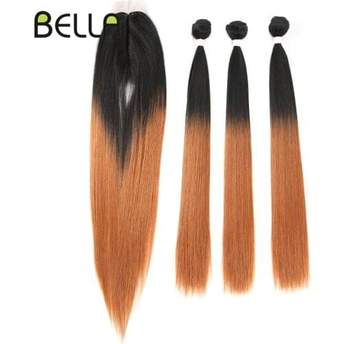 Bella Straight Hair Bundles With Closure Synthetic Yaki Hair Weft 22inch 4pcs/Pack Ombre Straight Hair Weaving Bundles 4 Colors