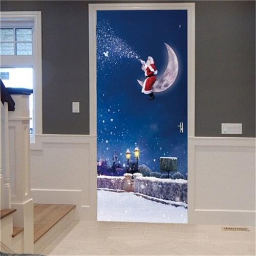 XMas Cartoon Door Stickers for Kids Rooms Street Decor DIY PVC Self-adhesive Waterproof Wallpaper Santa Claus Poster Mural Decal
