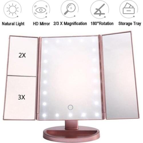 Tri-Fold Led Vanity Mirror With 22 Lights, Tabletop Makeup Mirror, 1x/2x/3x Magnification, 180° Rotation, Touch Dimmer,Rose Gold