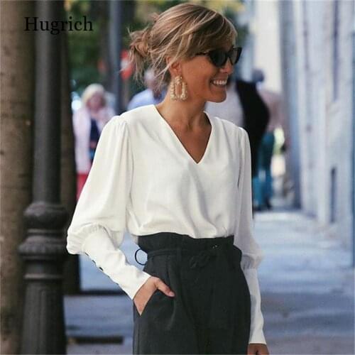 V-Neck Women Blouse Shirts Puff Sleeve Button White Blouse Summer Autumn Lady Shirt Top Female Office Chiffon Blouse Tops