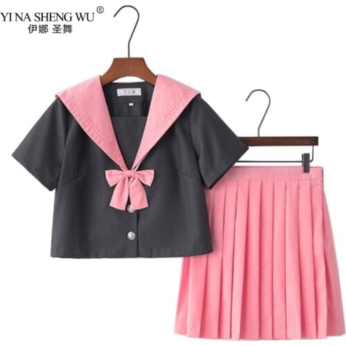 Black Pink Japanese School JK Uniforms Girls Cute Kwaii Sailor Suit Top+Pleated Skirt Set Students Anime Uniform COS Costume New