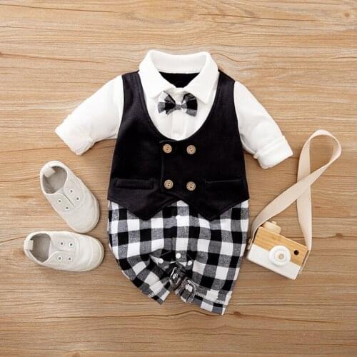 Spring Fall Baby Boy Wedding Party Bowtie Gentleman Romper Jumpsuit Black Gentle Casual Outfit