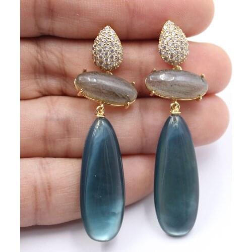 GuaiGuai Jewelry Natural Blue Moss Glass Shell Inside Labradorite Gold Plated CZ Paved Dangle Stud Earrings Handmade For Women