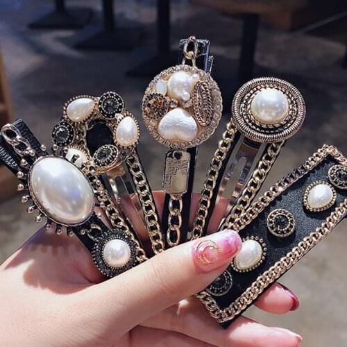 Temperament Baroque Style Vintage Imitation Pearl Geometry Flower Hairpins Elegant Women Fashion Chain BB Clip Hair Accessories