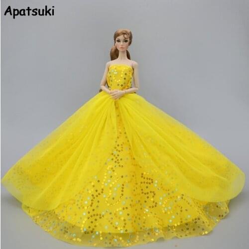 Yellow Handmade Wedding Dress For Barbie Doll Clothes Outfits 1/6 Princess Evening Party Ball Long Gown Bridal Dress Accessories