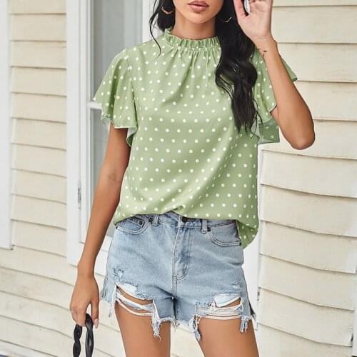 New Women Polka Dot Tops And Blouses Sweet Butterfly Sleeve O-Neck Summer Casual Ladies Blouse