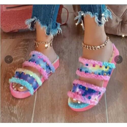 2021 Summer Womens Two-Band Fur Sandal with Studs Sandals Trendy shoes for women 1kb153
