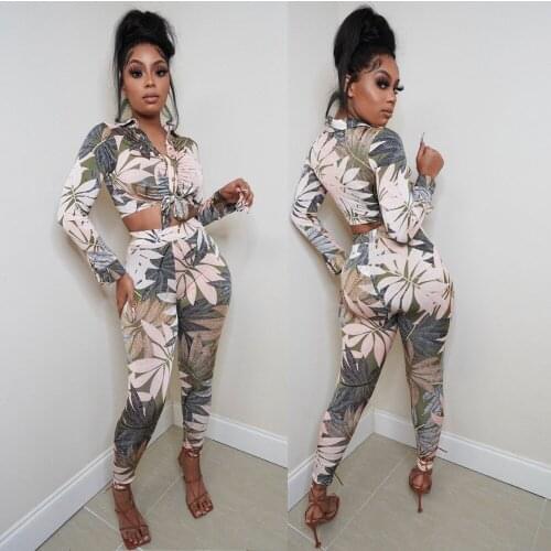 2021 New Arrival Famous Brand Women Set 2Pcs Longsleeve Tights Leaves Print