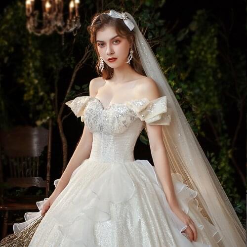 GY Sukienka na Wesele Off Shoulder Wedding Dresses Chapel Train Vintage Robe de Mariee Crystal Pearl Bride Dress Shining Brautkl