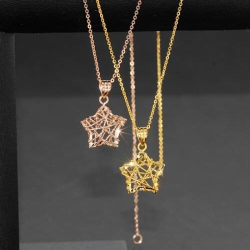 1PCS Real 18K Yellow Rose Gold Pendant Womens Five Star Drawing Hollow Pendant Best Gift With 18K Rolo Chain Jewelry Lady