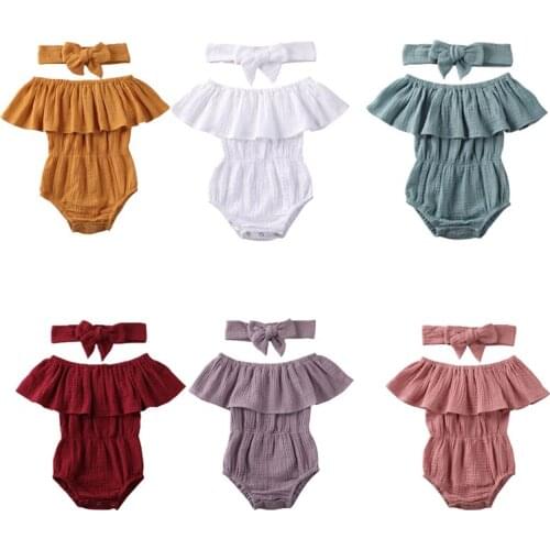 2020 Summer Newborn Baby Girls Short Sleeve Solid Ruffle Romper Jumpsuit Clothing with Headband 2pcs
