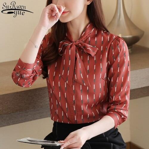 2021 Autumn New Red for Women Bow Tie Chiffon Blouse Women Blouse and Tops Slim Cardigan Bottoming Shirt Chemisier Femme 10749