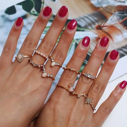 Bohopan 10PCS/Set Hot Sales Gold Color Ring Set Exquisite Luxury Water Drop Crystal Rings Mixed Style Wedding Party Women Rings