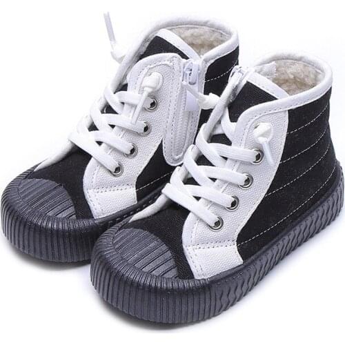 CUZULLAA Kids Boys Girls Winter Warm Lamb Wool Lining Fashion Sneakers Shoes Children Patchwork Canvas High Shoes Size 21-32