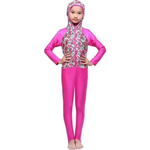 Islamic Swimsuit for Kids Modesty Long Sleeve Girls Burkini Muslim Hijab Swimwear Sportswear Floral Suwiming Suit Diving Girl