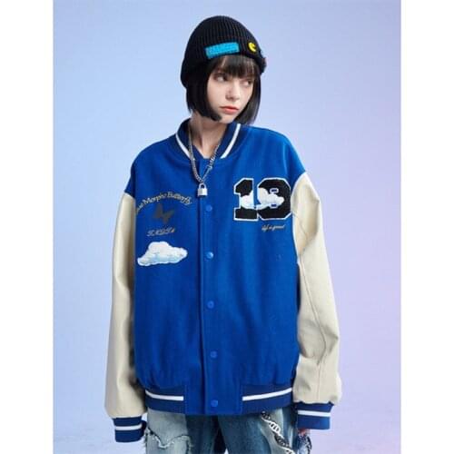 Bomber Jacket Women Baseball Uniform Brand Stitched PU White Cloud Printed Autumn Coat Harajuku Streetwear Vintage Clothing