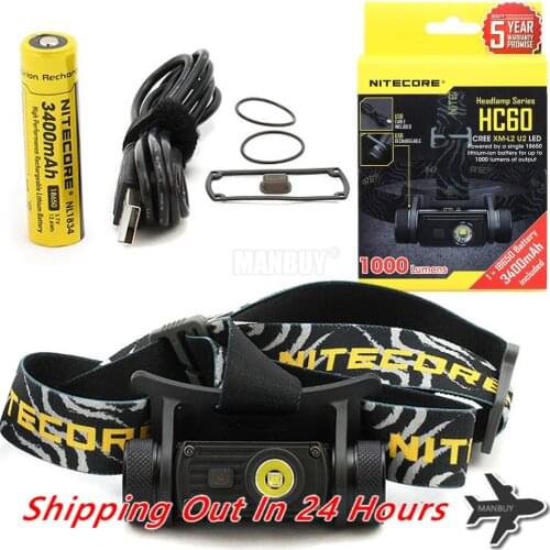 NITECORE HC60 HC60W USB Rechargeable Headlamp CREE XM-L2 U2 1000 Lumens Camping Headlight + 3400mAh 18650 Battery Free Shipping