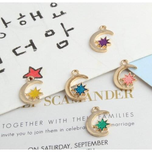 Wholesale 100pcs 14*19MM Glitter Enamel Moon Stars Pendants Gold Tone Metal Alloy Drop Oil Kawaii Cute Earring Necklace Charms