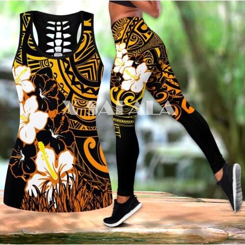 Pohnpei Polynesian Tattoo Turtle Two Piece Yoga Set Women 3D Print Hollow Out Tank Top High Waist Legging Summer Casual Sport-2