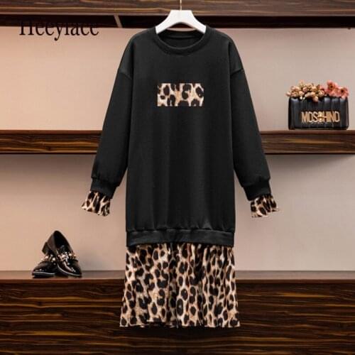 Plus Size Women Fleece Sweatshirt Dress Winter Long Sleeve Cotton Leopard Patchwork Ruffle Dresses autumn streetwear vestidos