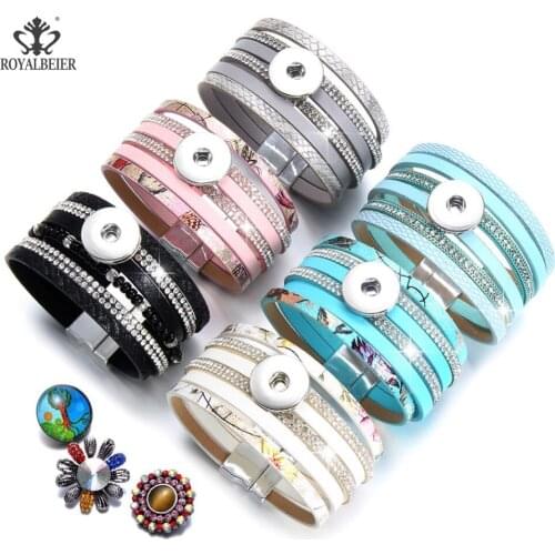 ROYALBEIER Rhinestone Style Multilayer Crystal Wrap Bracelet Magnet Buckle Leather Bangle Pulseiras Bangles for Women SZ0580