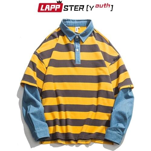 LAPPSTER-Youth Men Patchwork Striped Hoodies 2021 Male Korean Harajuku Pullover New Arrival Japanese Streetwer Denim Sweatshirts