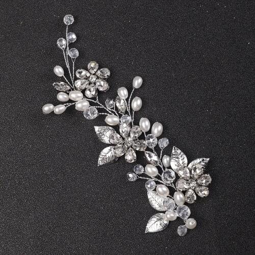 Silver Leaf Flower Head Jewelry Pearl Side Hair band Handmade Rhinestone Women Headbands Bride Headdresses for hair Accessories