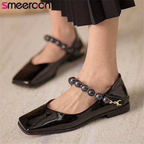 Smeeroon 2021 hot sale patent leather single shoes women flat shoes square toe pearl buckle comfortable casual shoes woman