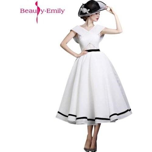 Beauty Emily New Design A-line White and Black V-Neck Sleeveless Tea-length Party Evening Dresses 2019 Prom Dresses