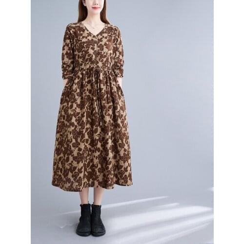 Vintage Dress 2021 New Arrival Long Sleeve Cotton Linen Women Casual Spring Autumn Dress Print Floral Office Lady Work Dress