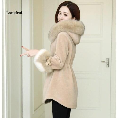 Winter Thick Warm Fox Fur Wool Coat Sheepskin Genuine Fur Hooded Coat New Sheep Sheared Long Sleeve Jacket