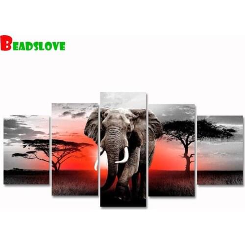 Diamond embroidery 5 Panel Wild Animal elephant 3d painting diamond painting diamond mosaic cross stitch Home Decoration