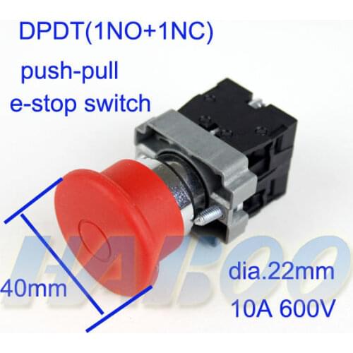 5pcs/lot diameter 22mm mushroom head push-pull emergency stop switch press to lock pull to reset 1NO+1NC DPST push pull switch