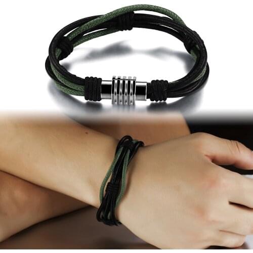 Cyue Wholesale European Black Rope Braided Leather Bracelet Stainless Steel Charm Magnetic Buckle Wristbands For Boy Men Jewelry
