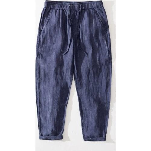 8211 Men Vertical Striped Linen Pants Casual England Style Gentlemen Breathable Thin Drawstring Stretch Waist Loose Trousers