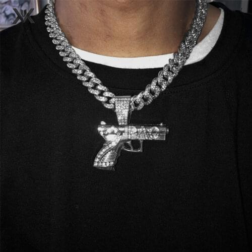 Ice Out Bling 2PAC Gun Pendant Pave Cubic Zircon Necklace Fashion Hip Hop Peace Jewelry For Men Party Gift